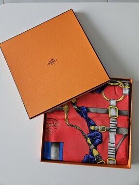 Hermes Red, Blue and Gold Equestrian Motif Silk Scarf 90X90cm  authentic